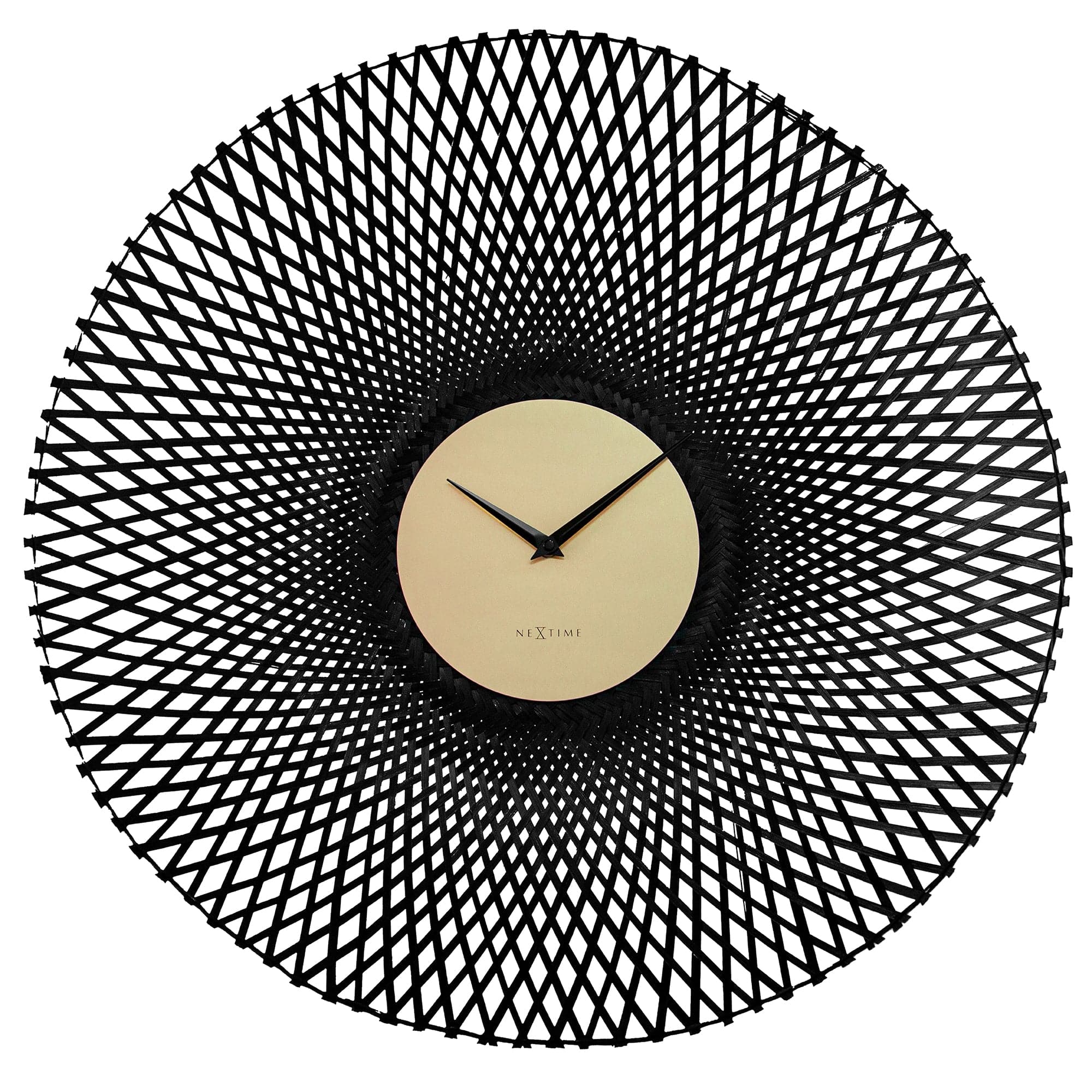 NeXtime Vortex wall clock, 60cm silent clock with brown and black bamboo design, modern round shape, front view image